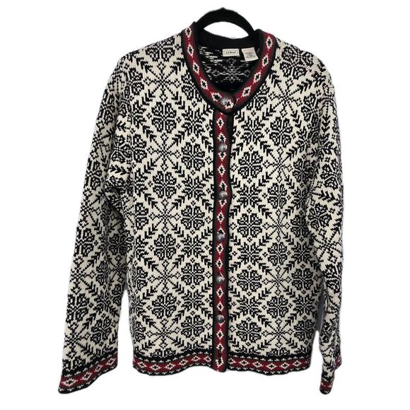 Vintage LL Bean Fair Isle Sweater Womens LG Nordic Snowflake Silver Buttons Ski - Picture 1 of 11